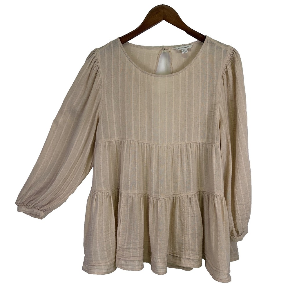 American Eagle Woman's Open Back Peplum Blouse Size M Tan Open Back Boho Cottage